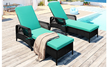 GO Outdoor patio pool PE rattan wicker chair wicker sun lounger, Adjustable backrest, green cushion, Black wicker (2)